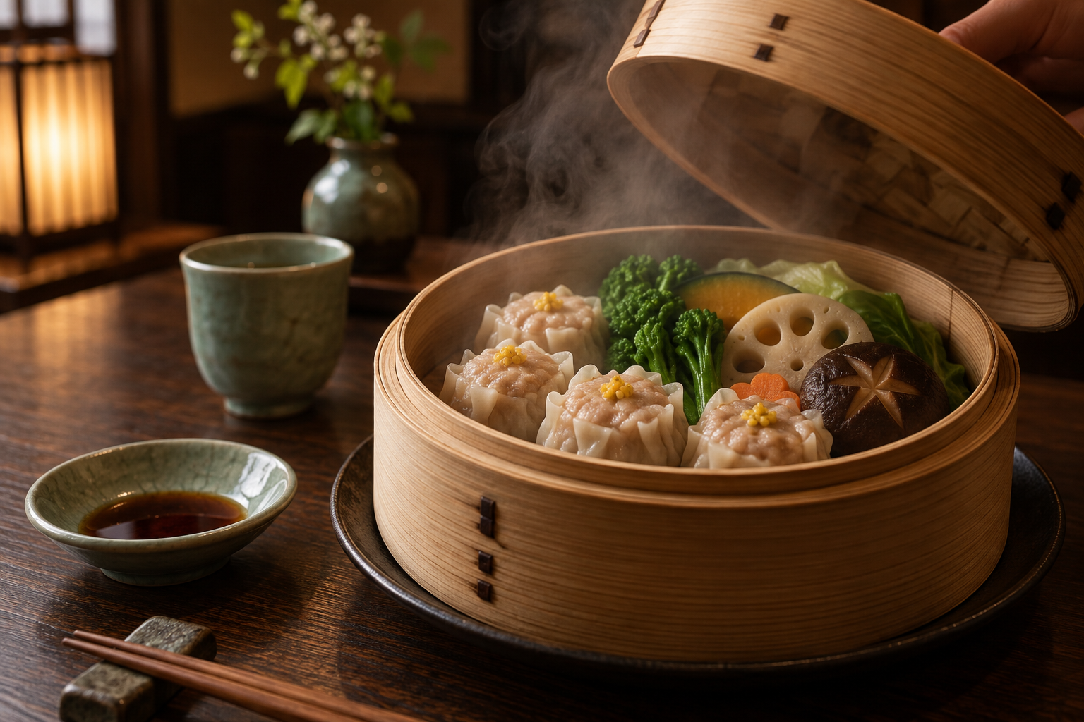 蒸籠に盛り付けた季節の食材