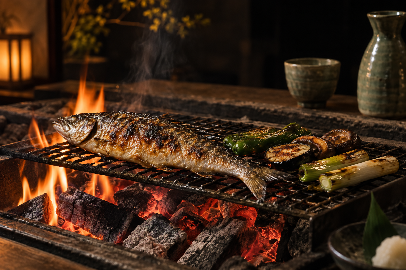 炭火で焼いた魚と野菜の料理